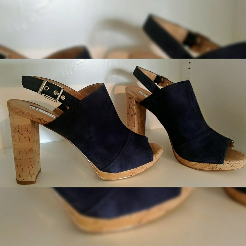 I.N.C. Blue Suede Sling Back Peep Toe Cork Heels